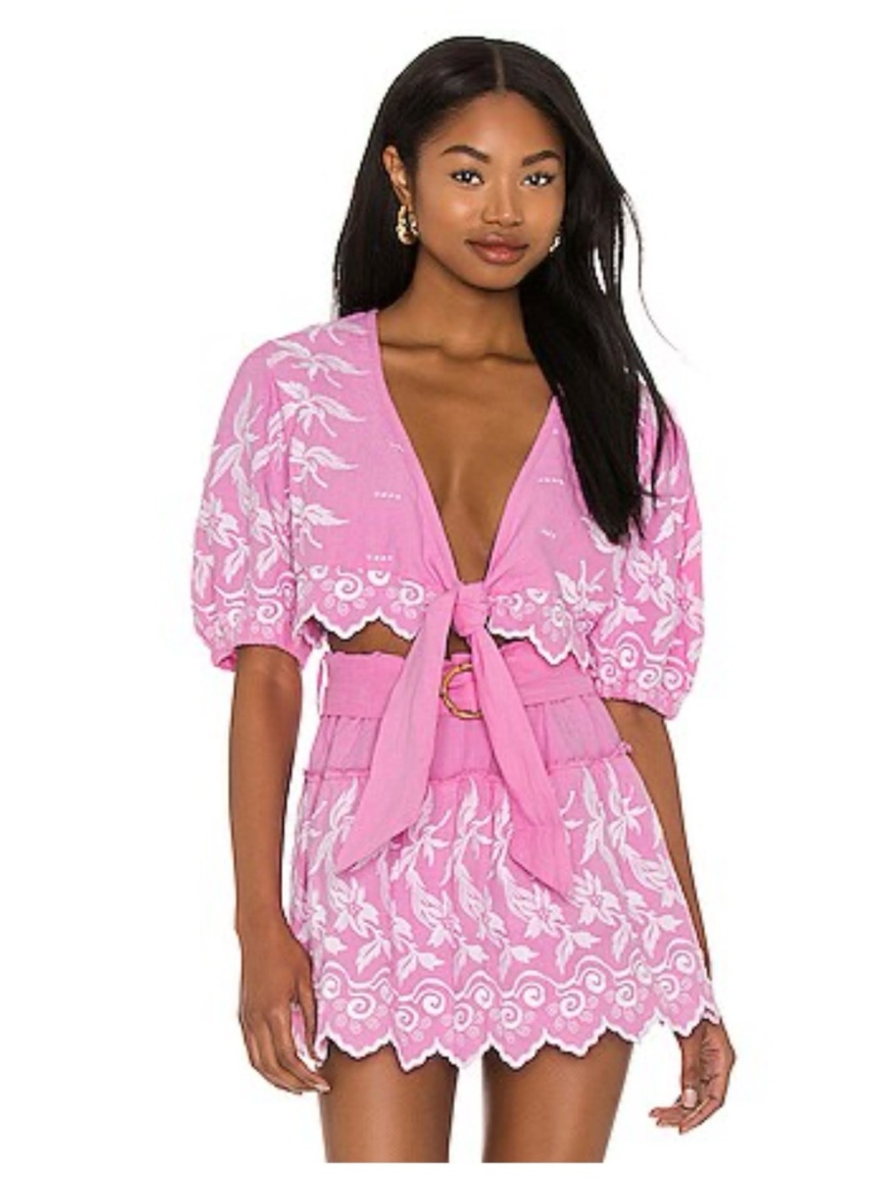 Place Nationale Zagne Candy Pink Embroidered Linen Mini Skirt Belted US 6 NWT